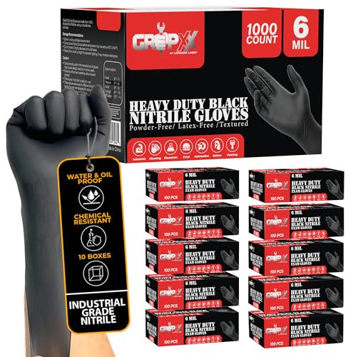 London Labs Heavy Duty 6 Mil Black Nitrile Gloves - Disposable, Latex & Powder Free | Mechanic, Food Prep & Tattoo | Rubber Gloves for Cooking, Cleaning & Household |Bulk Case of (1000)