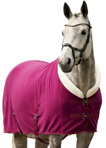 EQUILYX® Abschwitzdecke Pferd mit Teddy-Kragen und abnehmbaren Kreuzgurten [perfekte Passform] Fleecedecke Stalldecke Transportdecke wärmend feuchtigkeitsabsorbierend atmungsaktiv (Fuchsia, 135cm)