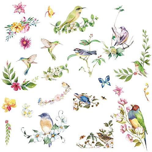 CRASPIRE 8 Sheets Brids Plants Wall Decals Hummingbird Flowers Butterfly Window Sticker Vinyl Peel and Stick Waterproof Removable Clings Art for Home Nursery Living Room Bedroom Bathroom Decor