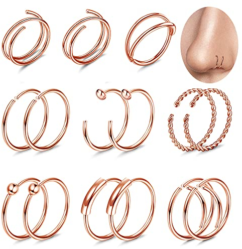 Kakonia 20G Nasenpiercing Ring 316L Edelstahl Doppel Nasenring Piercing Knorpel Reifen Septum Piercing Helix Tragus Lippenpiercing Spiral Nasenpiercing Nostril Piercing Ring, Roségold