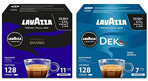 Lavazza A Modo Mio Capsule Espresso Divino, 128 Capsule Caffè, con Note di Cacao e Frutta Esotica, 8 Confezioni x 16 Capsule & Dek Cremoso, 128 Capsule Caffè, 8 Confezioni x 16 Capsule