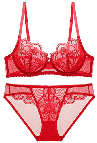 WEITING 2023 Nouveau Ensemble de Soutien-Gorge en Dentelle Ultra Fin Sets Sexy Maille Transparente Culotte Lingerie Femmes Taille Plus A B C D E Cup 95C 95D - Rouge, 90d
