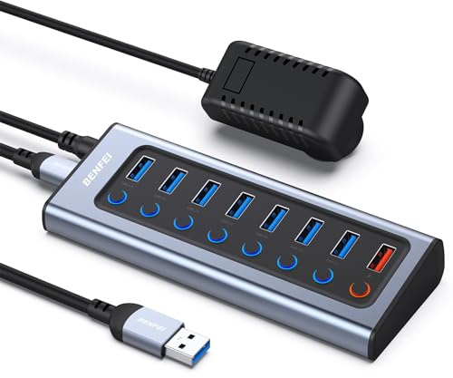 BENFEI HUB USB 3.0 Alimentato 8in1, 7 Porte USB 3.0 e 1 Porte Carica Rapida con Interruttore LED on/off e Adattatore di alimentazione 18W, Compatibile PC MacBook Windows Mac OS Linux (8in1)