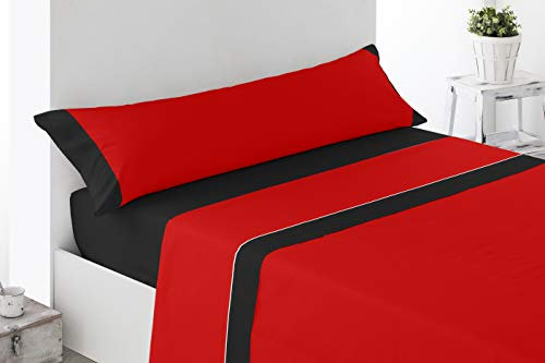 Cabello Textil Hogar Juego de sábanas Lisas con Colores Combinados de Microfibra peinada Extra Suave, de 3 o 4 Piezas, Medidas (Rojo/Negro, Cama de 135 cm (135x200cm))