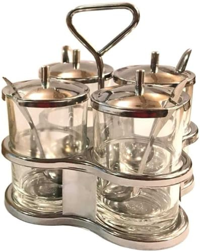 SHEEWAN Thai Traditional Style Condiment Set, 4 Condiment Glass Jar and 4 Small Stainless Steel Spoons for Condiments.
