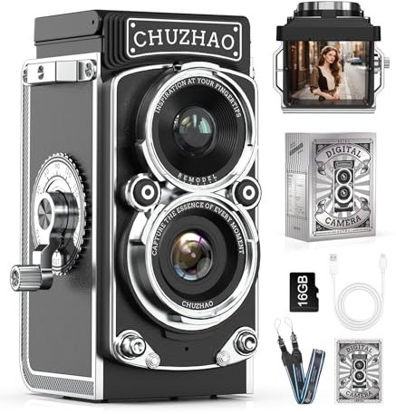 CHUZHAO Mini fotografica retrò vintage 12 MP 1080P FHD fotocamera digitale TLR autofocus fotografiche con scheda di memoria da 16 GB macchina fotografica portatile compatta per bambini, adolescenti