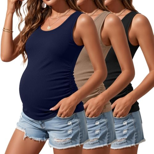 Riyiper Confezione da 3 Canotte Premaman da Donna, Senza Maniche, in Cotone, con Lati in Maglia a Coste e Arricciate(Nero, Marrone Chiaro, Blu Navy,L)