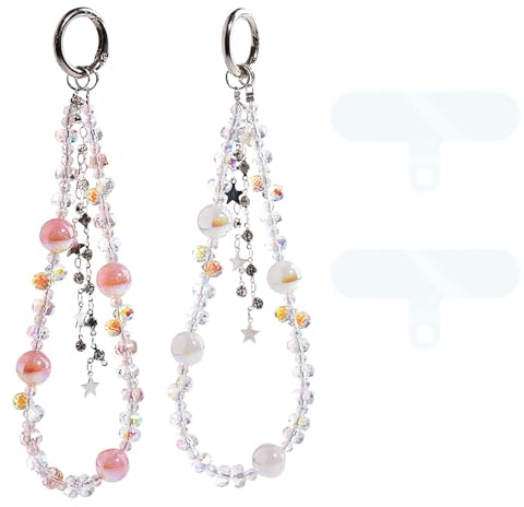 XFSRG Chaine Téléphone Portable Cristal Élégant Cordon pour Téléphone avec Perles et Étoiles Accessoire Téléphone Portable Mode pour Femmes et Filles (Blanc, Rose)