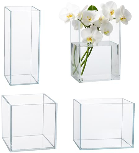 Ninehaoou 4 Pcs Cube Glass Vase, 4 Sizes Flower Square Clear Floral Accent Container Plant Terrarium Candle Holder Decorative Centerpiece for Home Wedding Party Ceremony Event Office Decor