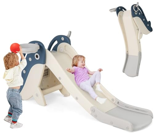 RELAX4LIFE 4 in 1 Scivolo per Bambini, Scivolo Giocattolo Pieghevole con Scala da Arrampicata, Canestro da Basket, Lancio ed Anelli, Giochi Montessori per Bambini 1-4 Anni (MODELLO4-BLU)