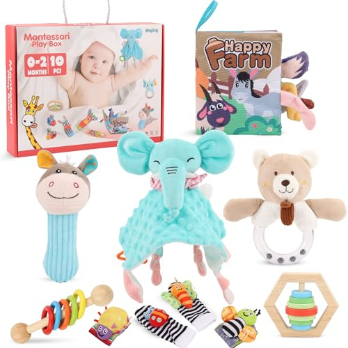 Babybaipro Set Montessori Bebé 10 Piezas – Juguetes Sensoriales Recién Nacido, Peluche, Libro de Tela, Sonajeros, Juguetes de Madera – Desarrollo Cognitivo, Motricidad y Regalo Nacimiento 0-24 Meses