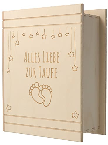 Spruchreif · Spardose Buch aus Holz mit Gravur zur Taufe · Motiv Babyfüße · Sparbüchse für Jungen & Mädchen · Taufgeschenk
