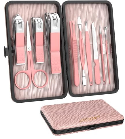 ZIZZON Kit de Manucure Mini de Voyage - Ensemble Coupe-Ongles 10 en 1 en Acier Inoxydable, Kit de Soin Pédicure avec Étui Rose