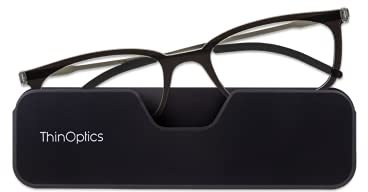 ThinOptics Connect Ultra-Thin Reading Glasses 1.50 Black Frames - Magnetic Case Attaches to Phone - +1.5 Strength Rectangular Readers - Unisex for Men & Woman