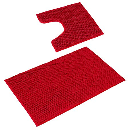 PANA® Badeteppich-Set 'Paris' • Flauschige Vorleger für Badezimmer und WC • Badezimmervorleger • Chenille Badematte • Set: 45 x 45 cm mit WC Ausschnitt + 50 x 80 cm • Farbe: Rot