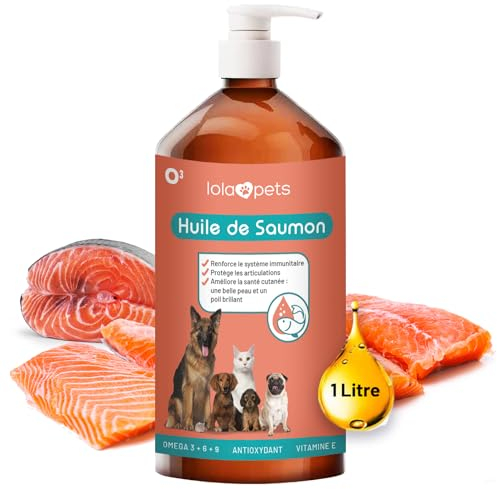 Huile de Saumon pour Chien et Chat 1 Litre - Saumon de NORVÈGE 100% Naturelle - Pressé à Froid - Riche en Omega 3+6+9 et Vitamine E | Pratique doseur (Rouge)