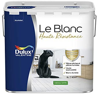 Dulux Valentine Le Blanc Haute Resistance - Peinture Intérieure Murs, Plafonds et Boiseries - Pièces sèches et humides - Satin Blanc 5 L