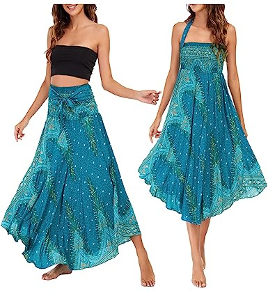 JENJON Femme Robe Imprimé Fleurie Ete Boheme Jupe Style Ethnique 2 en 1 sans Manche Plage Strap Wrap Taille Unique H-Vert & Bleu Taille Unique