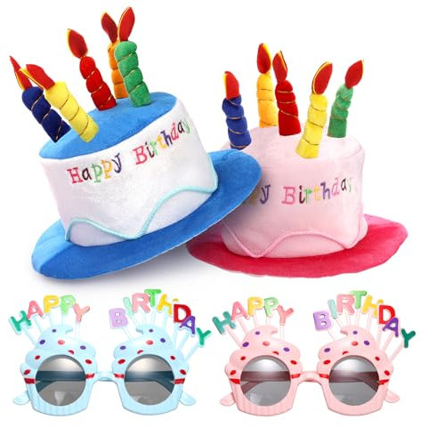Okllen 4 Pcs Plush Happy Birthday Cake Birthday Hats Funny Hat with Sunglasses, Party Novelty Hats Decorations Prop for Adults Birthday Party Favor, Blue&Pink