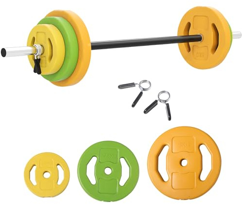 HOMCOM Ensemble Haltères et Barre 20 kg avec 6 Haltères Disquesde 1,5 kg, 2,5 kg et 5 kg Barre Monobloc Gym Musculationen Métal Orange Vert et Jaune