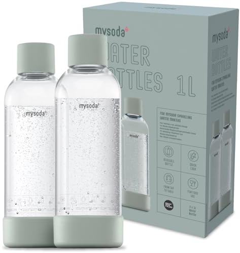 Mysoda : Bouteille de gazéification en PET sans BPA pour machine à eau pétillante, avec fermeture rapide et détails en composite de bois, 2 x 1 L - Vert sauge