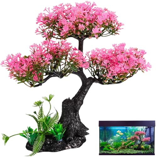 Didiseaon Set di 4 piante in plastica per acquario, fiori di ciliegio rosa artificiale