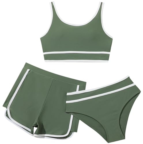 Ensemble de Bikini 3 Pieces Maillot De Bain Enfant Fille 8-14 Ans Shorts + Tanga + Haut Corset Maillot De Bain Fille Pas Cher Plage Natation Piscine Sport Vacances (Green, 9-10 Ans)