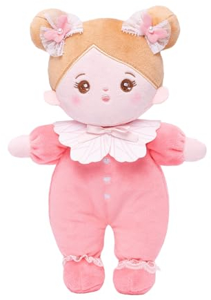 OUOZZZ Baby Puppe, Weiche Stoffpuppe mit Kleidung, Rosa Schleife Mini-Puppe Kuschelpuppe für Kinder ab 3 Monaten - Baby Geschenk zur Geburt Mädchen Jungen, 25cm