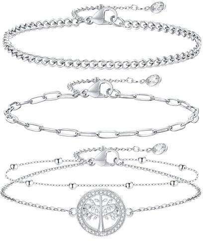 FLHEART 3 Stück Armband Damen Silber - Modeschmuck Silber Edelstahl Armband Damen mit Lebensbaum，Verstellbare 16+5cm Armschmuck Armbänder Set Armkette Geschenke für Mädchen Frauen