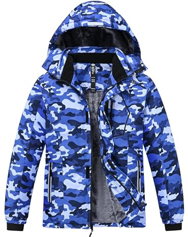 MoFiz Veste de Ski Garçon Hiver Chaud Blouson de Randonnée Imperméable en Polaire Coupe-Vent Neige Enfant Sport Manteau avec Capuche Amovible Camouflage Bleu M(10-12 ans)