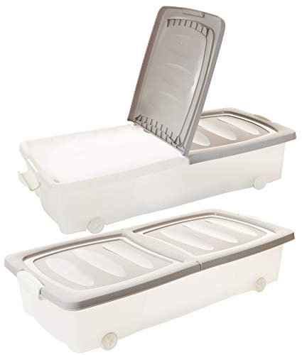 2friends Ultra - Lot de 2 boîtes de rangement sous le lit - 80 x 40 x 17 cm (32 l) - Couvercle divisé - Avec fermetures à clip - Transparent/sable - Fabriqué en UE