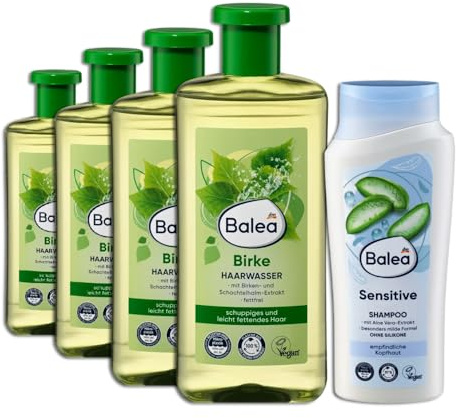 Balea Set med 5 Sensitive, 300 ml skadat/hårt hår, torrt hår + hårvatten björk, 4 x 500 ml för fjälligt och lätt fett hår