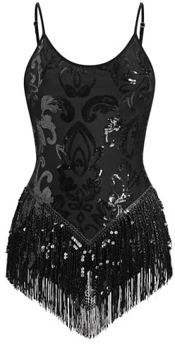 IBAKOM Women Sexy Shiny Sequins Fringe Bodysuit Sparkly Tassel Latin Jazz Dance Acrobat Costume Adult Circus Trapeze Artist Dancing Queen Rave Outfits Glitter Christmas Dance Leotard Black M