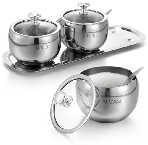 JOUTYFOR 3 Grids 304 Stainless Steel Seasoning Containers Set with Lid Spoon and Tray, Condiment Jar Spice Container, Condiment Canisters Pots for Serving Sugar, Pepper, Salt, Spice