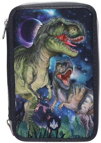 Depesche 13131 Dino World Galaxy - Gefüllte 3-Fach Federtasche, mit Dinosaurier Motiv und LED-Lichtern, Federmappe mit Buntstiften, Lineal, Schere uvm.