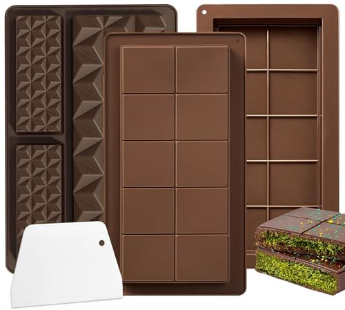 3 Pcs Deep Chocolate Bar Moulds with Spatula, Big and Thick Silicone Chocolate Mould, Dubai Reusable Deep Chocolate Moulds for DIY Baking Candy Stuffed Bar Silicone Ice Cube Maker