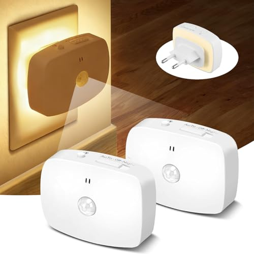 YzzYzz LED Nachtlicht Steckdose mit bewegungsmelder und Dämmerungssensor, Hinterleuchtete Steckdosenlicht LED Nachtlicht Kinder Dimmbar, für Kinderzimmer, Bad, Schlafzimmer, Treppe, Flur, 2 Stück