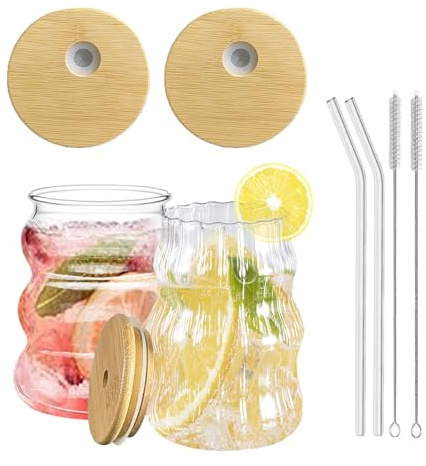 Haayymo Latte Macchiato Set di 2 bicchieri in vetro ondulato da 500 ml, con coperchio, bicchiere con cannucce di vetro, per latte, birra, latte, caffè freddo e tè freddo