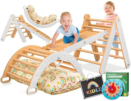 Kidiz® Juego de escalada Montessori 7en1 con arco de escalada, tobogán, triángulo de escalada de madera, incluye cojín, pizarra y reloj educativo | Parque de juegos interior para niños pequeños a