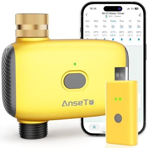 AnseTo Timer di Irrigazione WiFi con Ingresso in Ottone per Giardino,Serra,Prato,Computer per l'irrigazione Automatica Temporizzata Sistema di Irrigazione Intelligente con Telecomando Wifi Hub