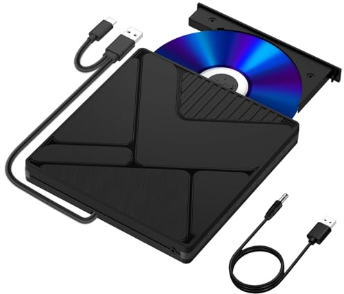 External CD DVD Drive for Laptop, USB 3.0 &Type-C Portable Slim CD/DVD +/-RW Burner, DVD/CD ROM Rewriter Low Noise Optical External Disk Drive for Desktop PC Mac OS Windows 11/10/8/7/XP/Vista/Linux