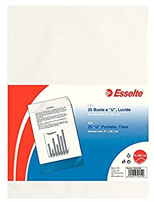 ESSELTE De Luxe Buste Lucide con Apertura a U Confezione da 25 Unità, Trasparente, 21 x 29.7 cm