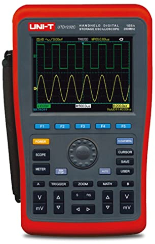 UNI-T UTD1202C Osciloscopio de memoria digital de mano con 2 canales, 200 MHz, 1 Gsa/s, 2 en 1: multímetro y osciloscopio, medición de resistencia de corriente, contador de 5 pantallas, pantalla LCD