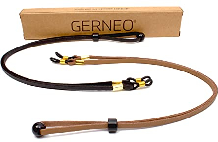GERNEO® - Bilbao - Glasses Strap Leather & Suede Look - Unisex PU Glasses Cord for Sunglasses & Reading Glasses - Band Black & Tan - Gold Holders