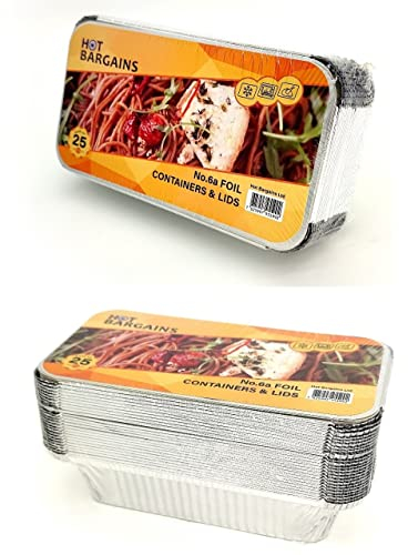 HOT BARGAINS Professional Aluminium Foil Containers Size 6A with Lids, Pack of 100, 200 x 111 x 55mm
