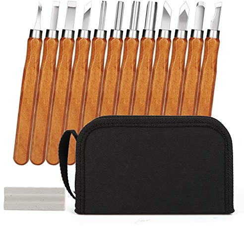Holz-Schnitzwerkzeug Set - 12 STK Holz Schnitzmesser und ein Schleifsteine für Erwachsene und Kinder, Schnitzen Werkzeug für Holz, Obst, Gemüse, Carving DIY, Skulptur und Wax