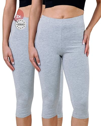 SES Capri-leggings för kvinnor, 2-pack av bomull/ogenomskinliga damleggings med capri-leggings i bomull, 3/4 långa damleggings med perfekt passform, Ljunggrå, 36/38 SE