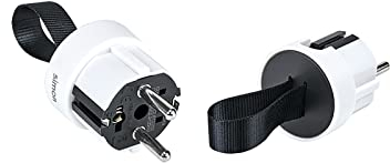 SIMON PLUG - Clavija Extraplana con Salida Lateral, Clavija de Enchufe Macho 16A 250V, con Toma de Tierra y Sistema Easy-Pull, Ideal para Espacios Reducidos y Detrás de Muebles, Color Blanco y Negro