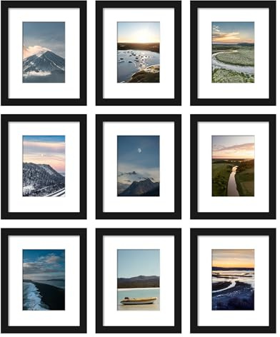 Wiscet 8x10 Picture Frame Set of 9, Display Pictures 5x7 with Mat or 8 x 10 Without Mat, Photo Frame for Wall Mounting or Tabletop, Black