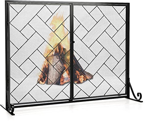COSTWAY Fire Guard with Double Magnetic Doors, 113x40x85cm Wrought Iron Mesh Fireplace Screen, 2-Panel Spark Flame Barrier Safety Fence for Open Fire, Log Burner (Black)